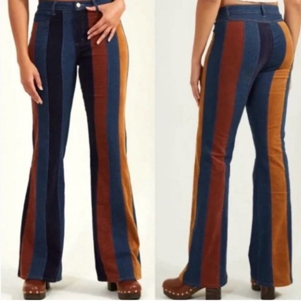 Altar’d State Retro High Rise Velvet Striped Flare Jeans Sz 28